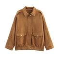 Casual suede textured jacket with pocket decoration, loose fit, long sleeves, brown and khaki colours, front view