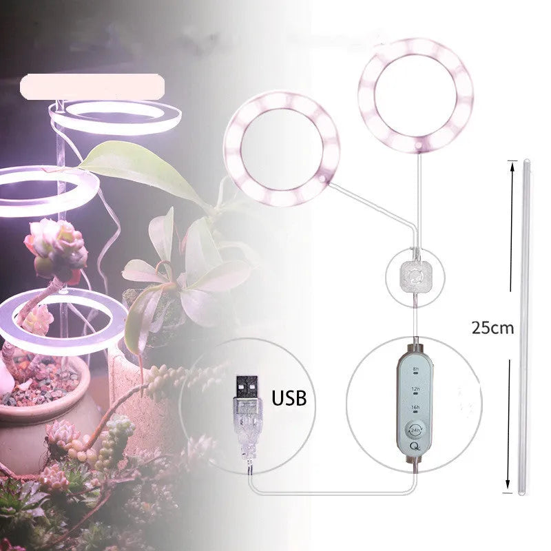 USB full spectrum LED plant grow light with acrylic stick on a table next to houseplants.