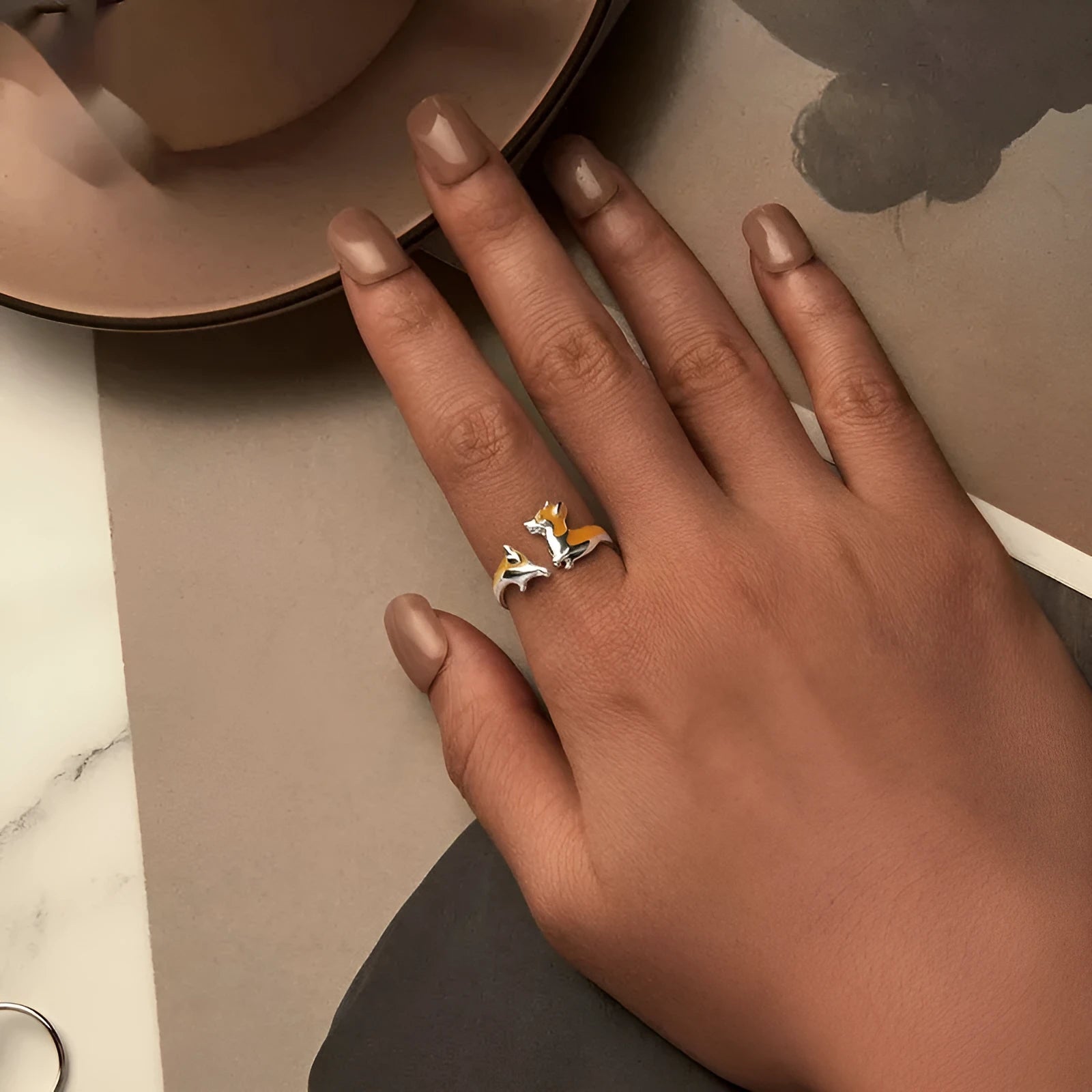 Silver-coloured cartoon Corgi ring with adjustable band
