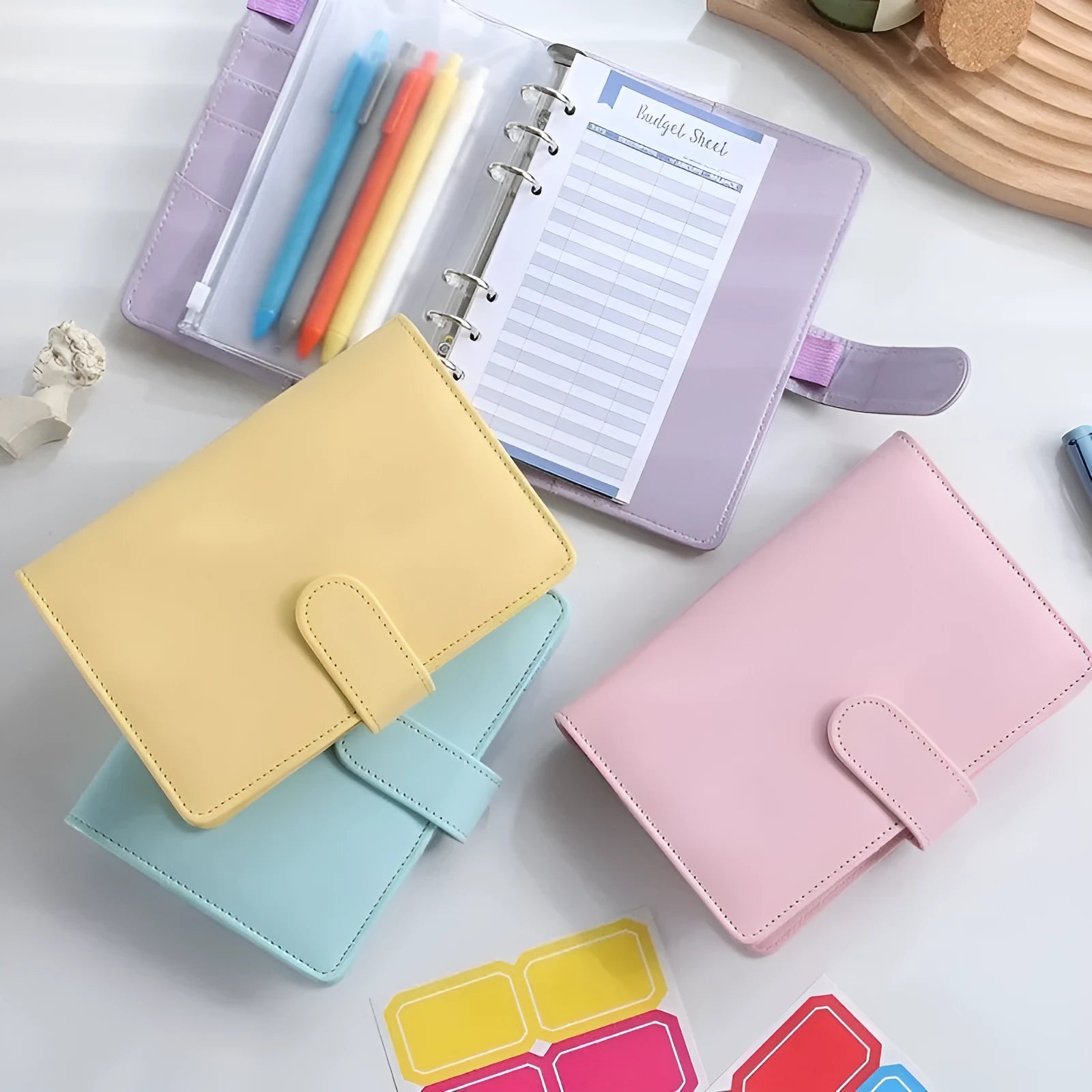 A5 solid colour PU leather notebook binder shell with a zipper, shown in various colours.
