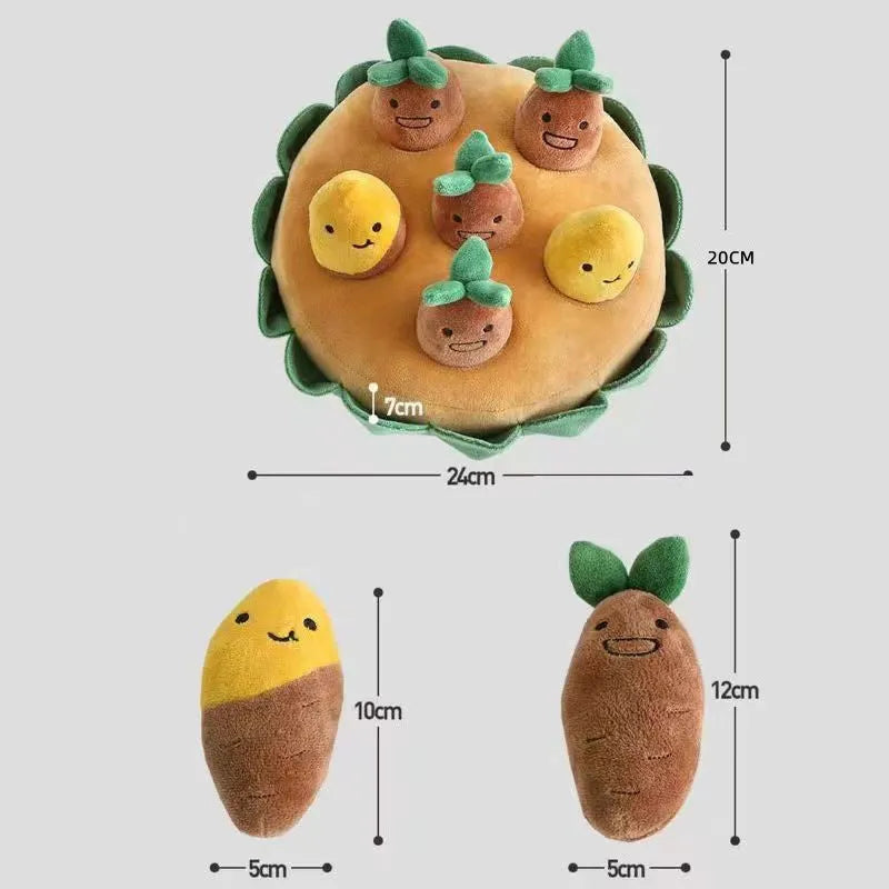 Yellow interactive dog puzzle toys with removable squeaky plush on polyester foraging mats