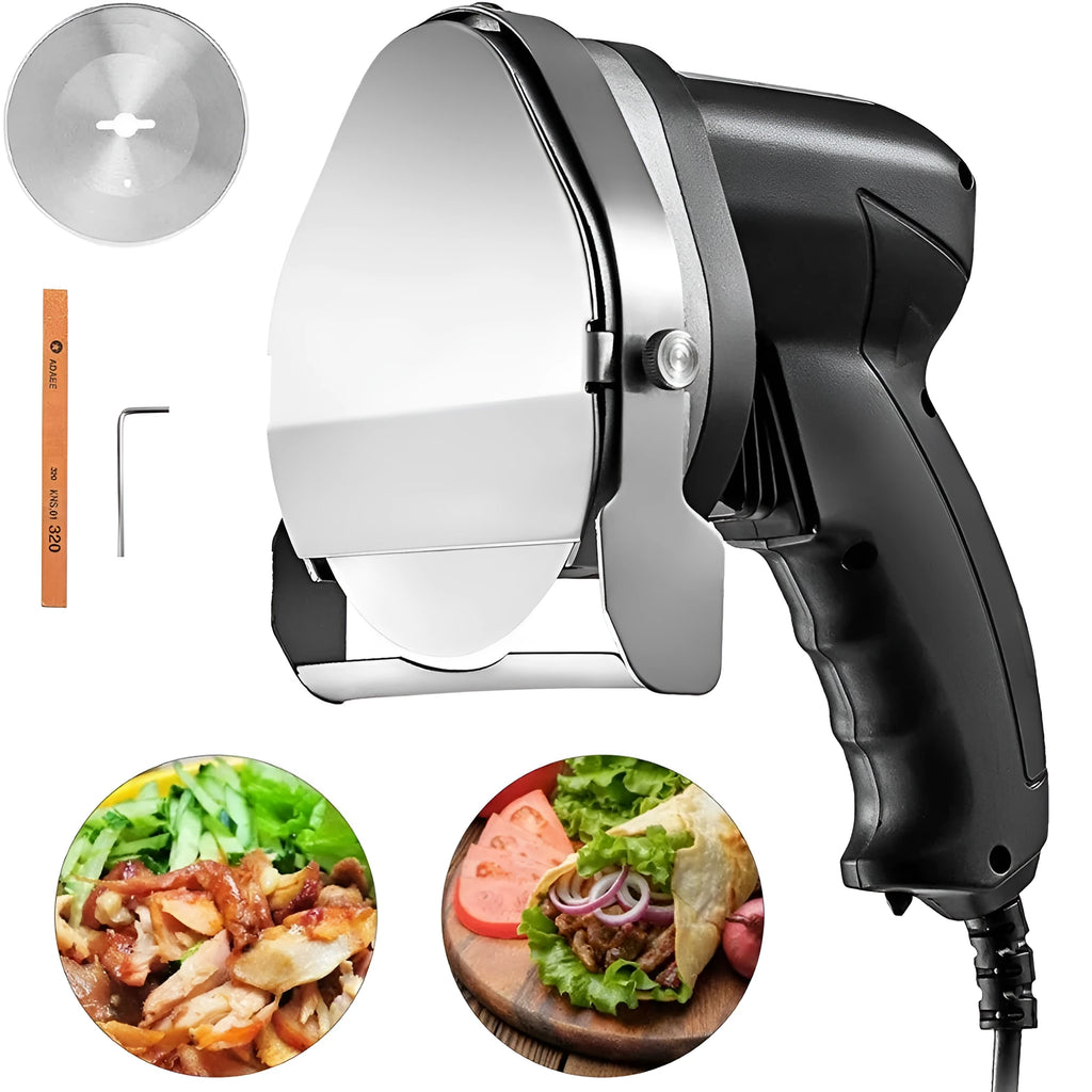 Black electric meat cleaver appliance with 80W motor and EU plug for cutting meat products.
