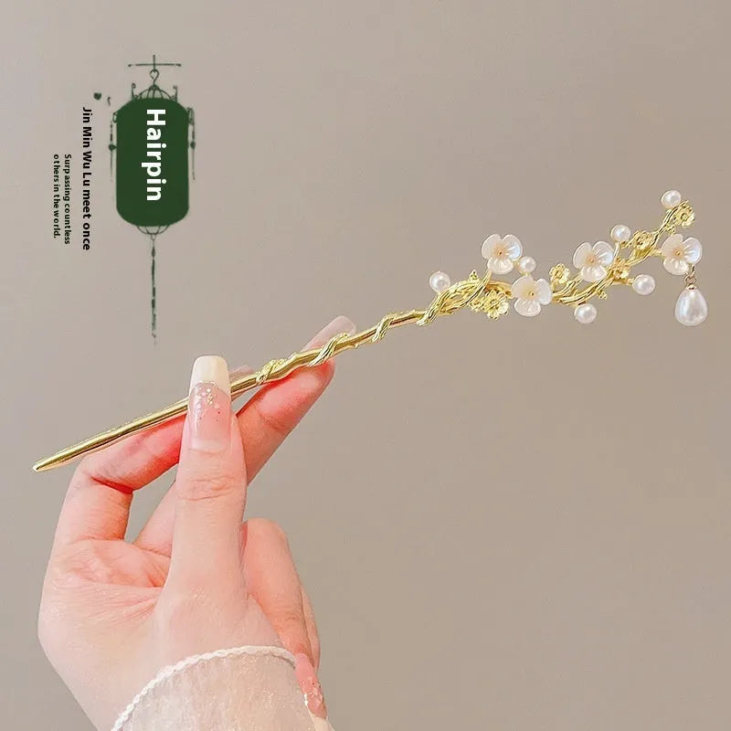 Chinese style ebony hairpin with electroplated alloy and floral ancient design