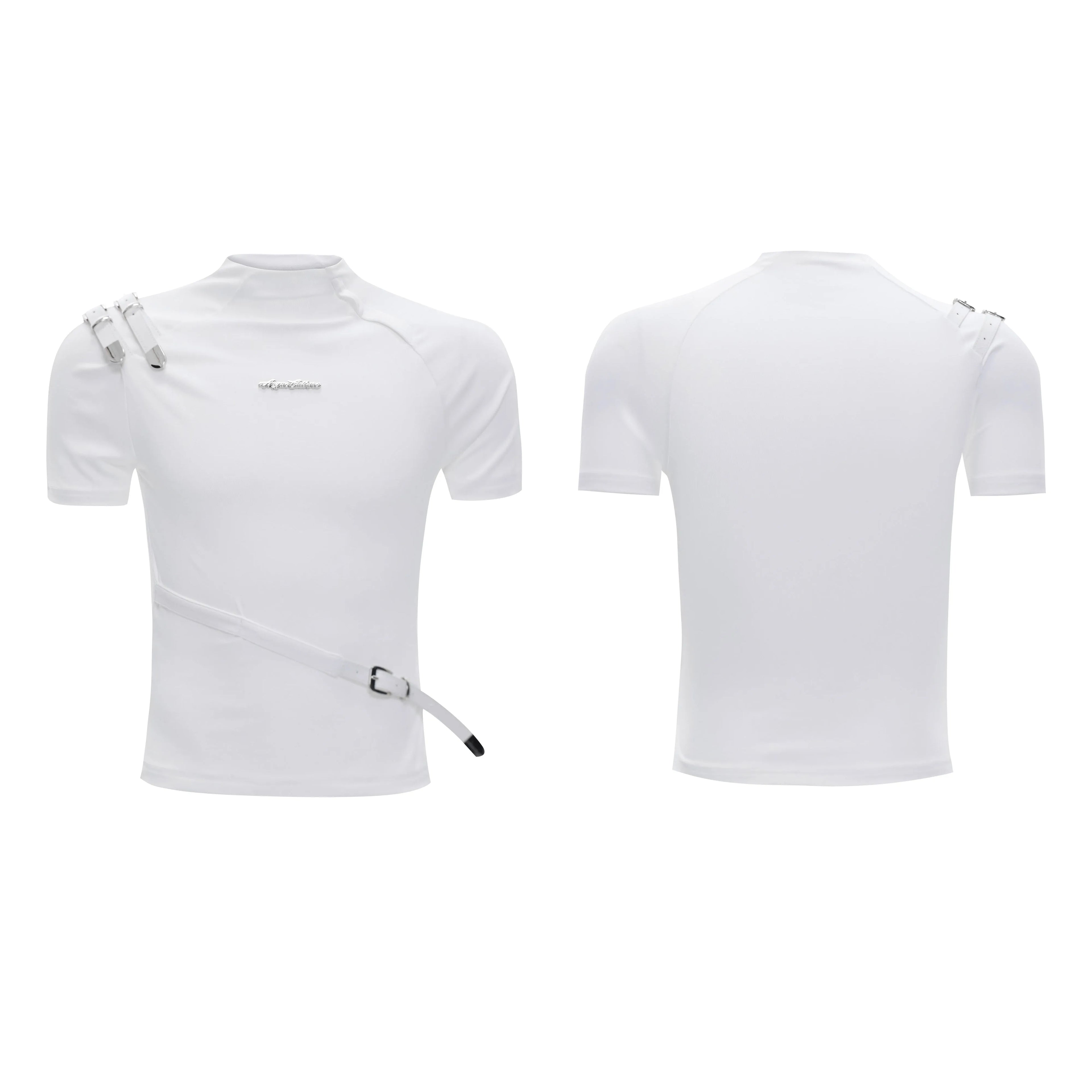 Cotton men's short sleeve T-shirt with metal belt detail and stand-up collar in slim fit design