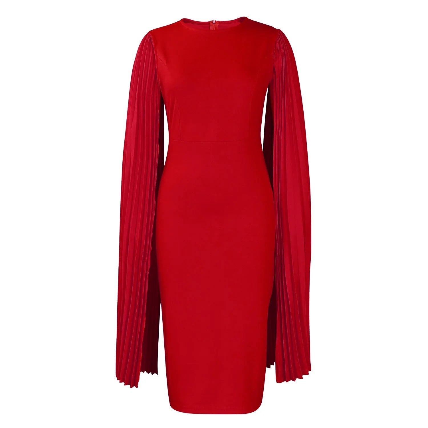 Women's pleated evening gown with round neck and long sleeves in high-waist design