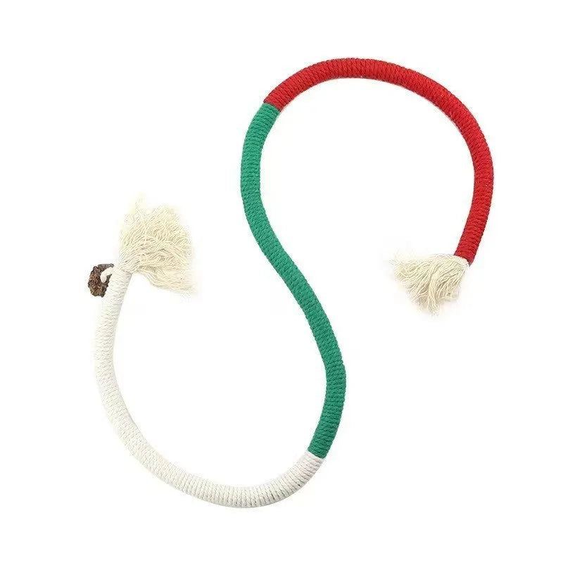 70cm long cotton string cat biting rope toy with catnip, shown in purple, orange, and red with green colour options.