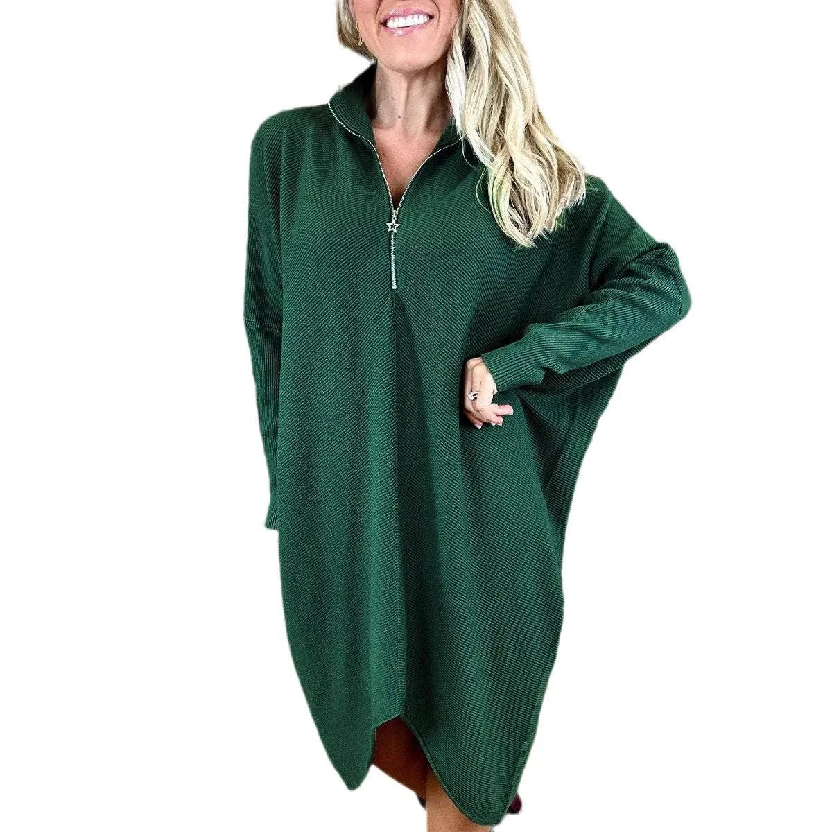 Women's solid colour knitted dress with front zipper and loose fit in dark green