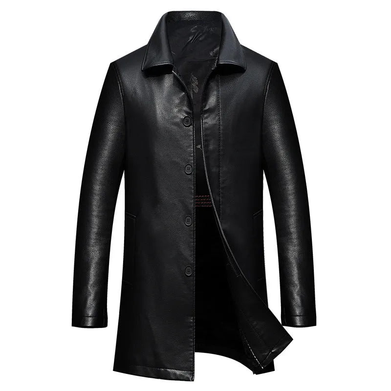 Men's black PU leather lapel coat with fleece padding, medium length 65cm, on display