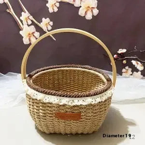 Coffee brown hand-woven straw basket with hemp rope, 19cm by 12cm, rustic retro style.