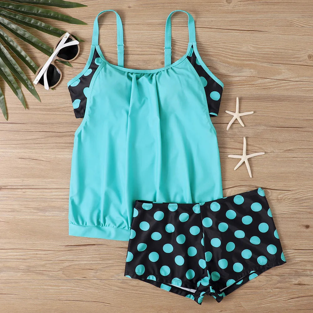 Women's polka dot print high-waisted boxer swimsuit briefs for swimming and running.