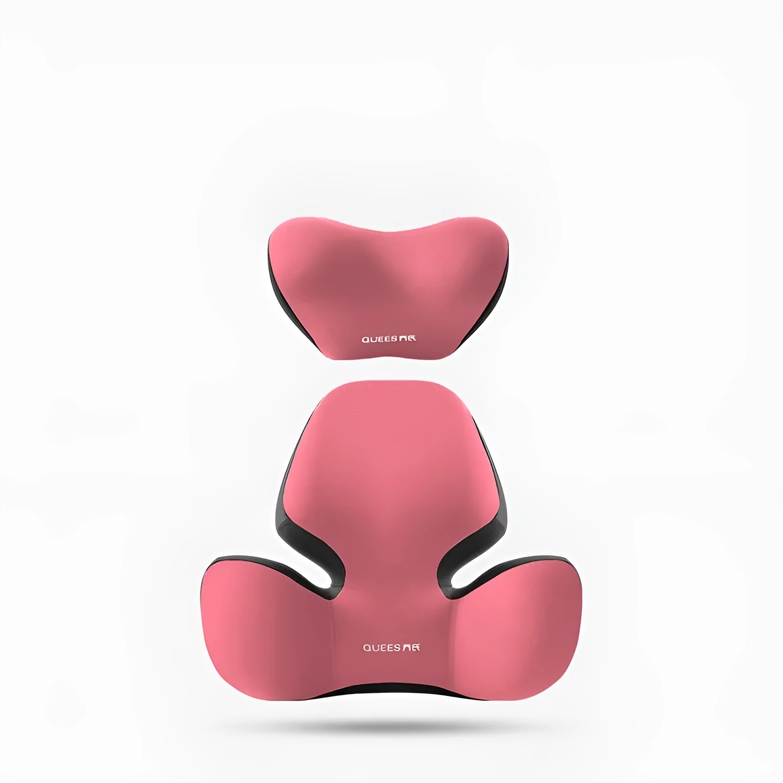 Black and grey memory foam car lumbar support pillow and matching headrest cushion on a car seat.