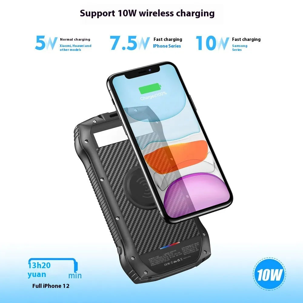 Portable solar power bank 33500mAh waterproof outdoor emergency LED plastic shell 178x90x30mm black blue orange