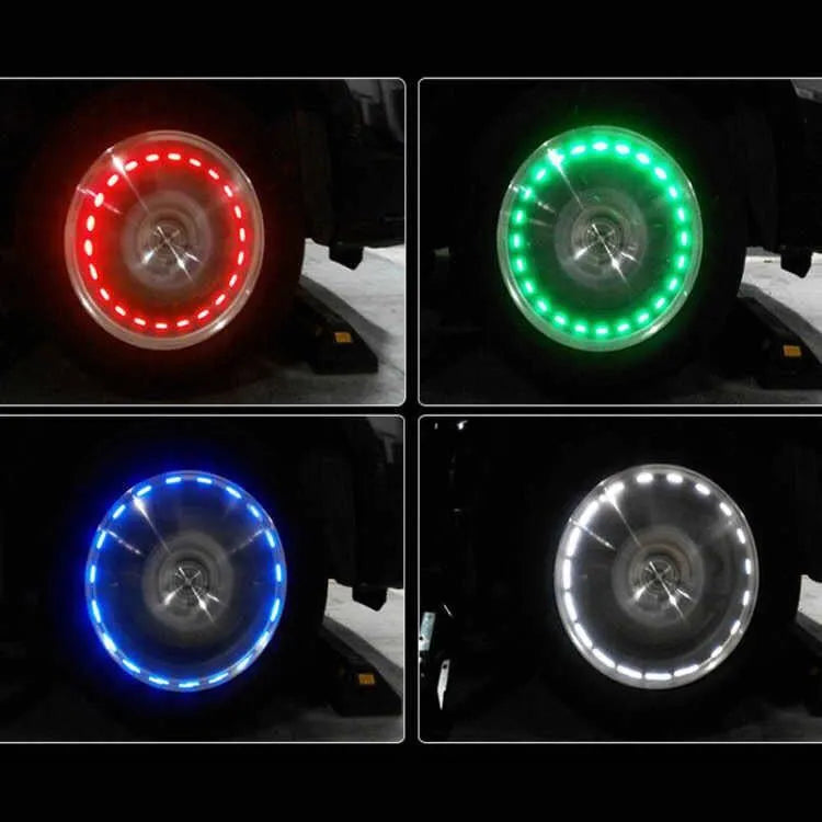 Solar car wheel decoration lights with red, green, and blue LEDs installed on a car wheel hub at night