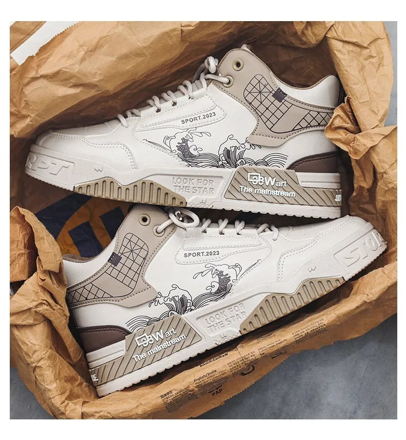 Men's high-top board shoes in beige, white and blue colours with mesh lining and rubber sole