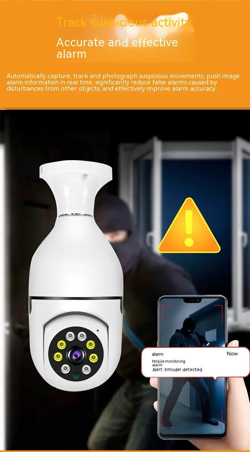 Wireless bulb camera with plastic and metal housing measuring 5cm by 12cm for indoor and outdoor monitoring