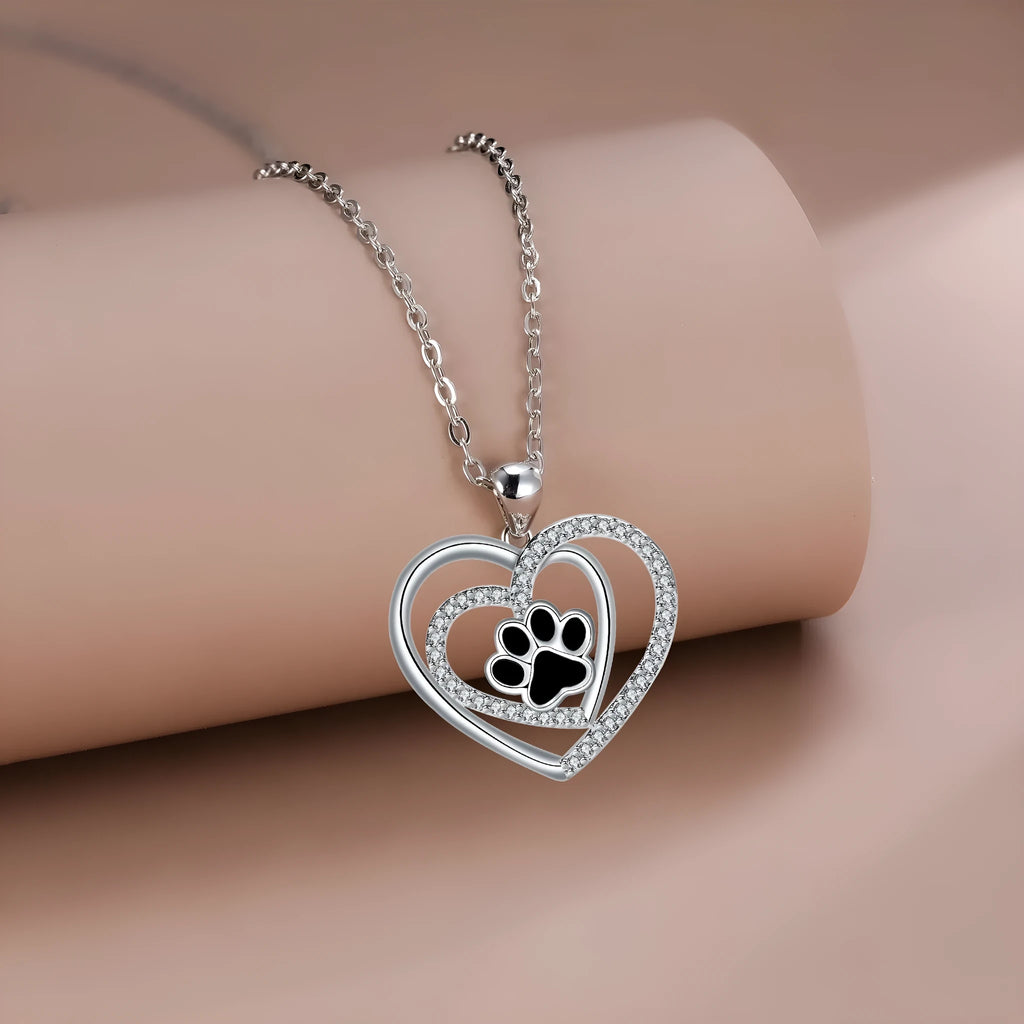 Women's copper dog paw footprints necklace with heart pendant and cross chain