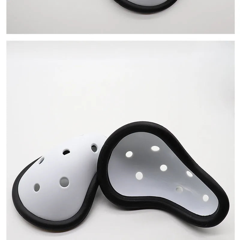 Rubber sports genital protector for adult and child athletes in boxing, hockey, rugby.