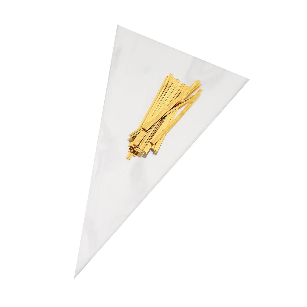 Clear triangular plastic packaging bag with a white tie wire closure, shown in three different sizes.