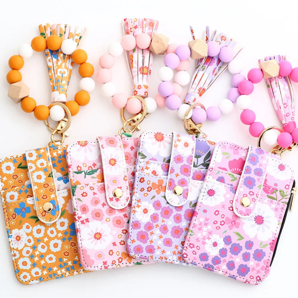 Women's floral print leather card bag in light pink, modern style card holder