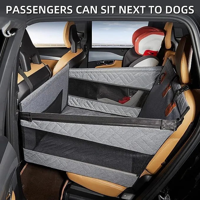 Grey water resistant raised dog bed measuring 56 by 56 by 40 centimetres.