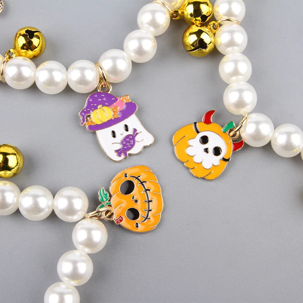 Simulated pearl Halloween cat collar with pumpkin and ghost decoration designs