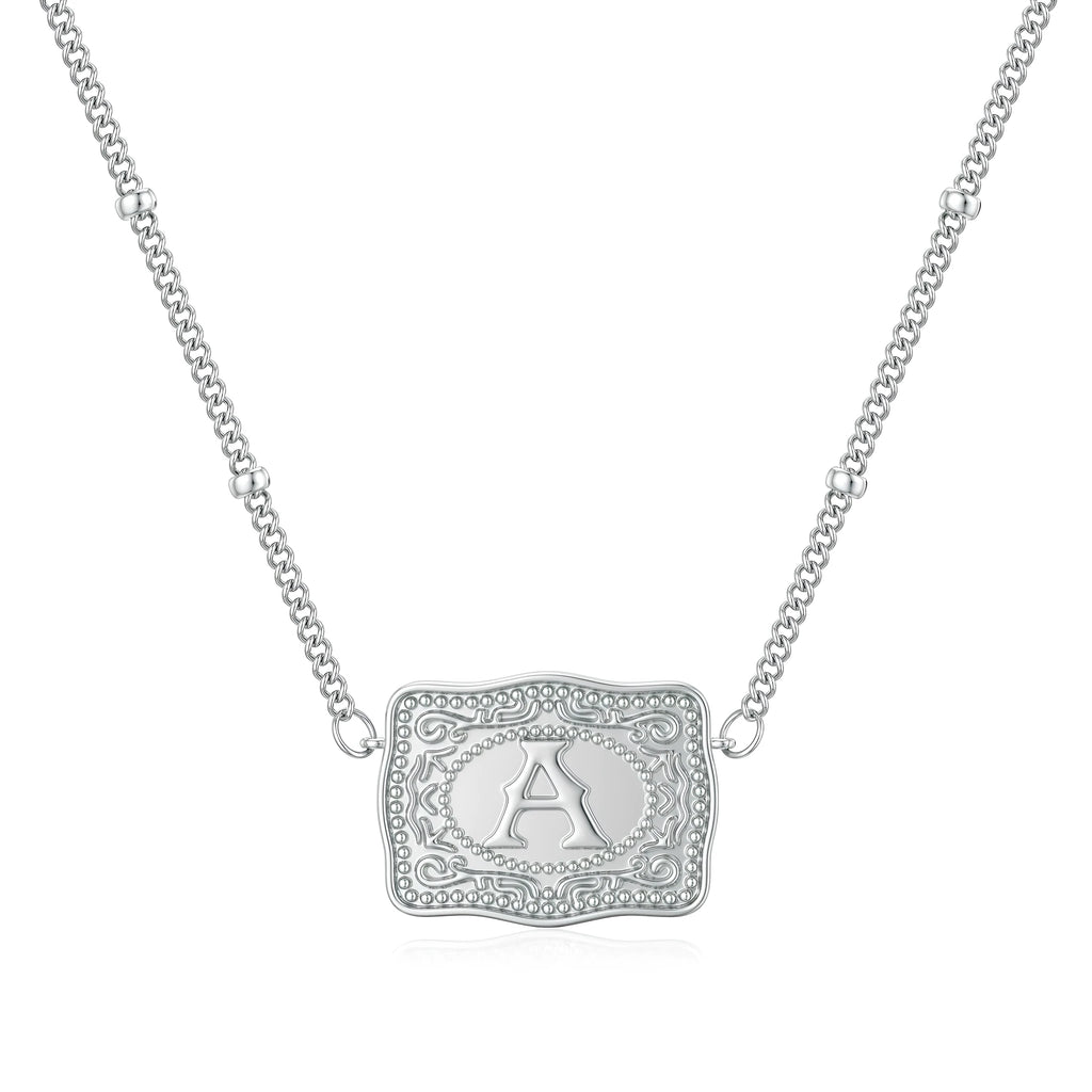 Copper letter necklace showing gold and white K electroplated finishes with alphabet charms