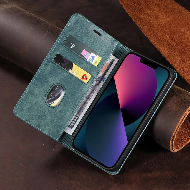 Magnetic flip phone case for iPhone in black, showing TPU frame and leather cover.