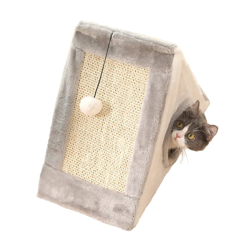Triangle-shaped cat scratching post with integrated plush fur cat bed in grey and white colour scheme
