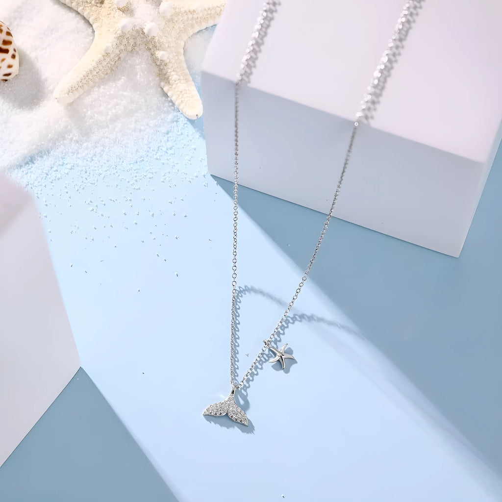 S925 sterling silver mermaid tail necklace with micro inlaid zircon starfish pendant on O-ring chain