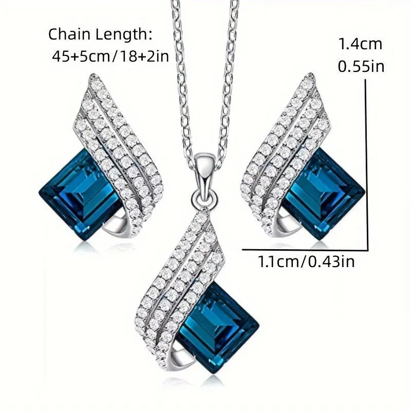 Glass pendant necklace with cross chain and matching electroplated alloy ear studs jewellery set