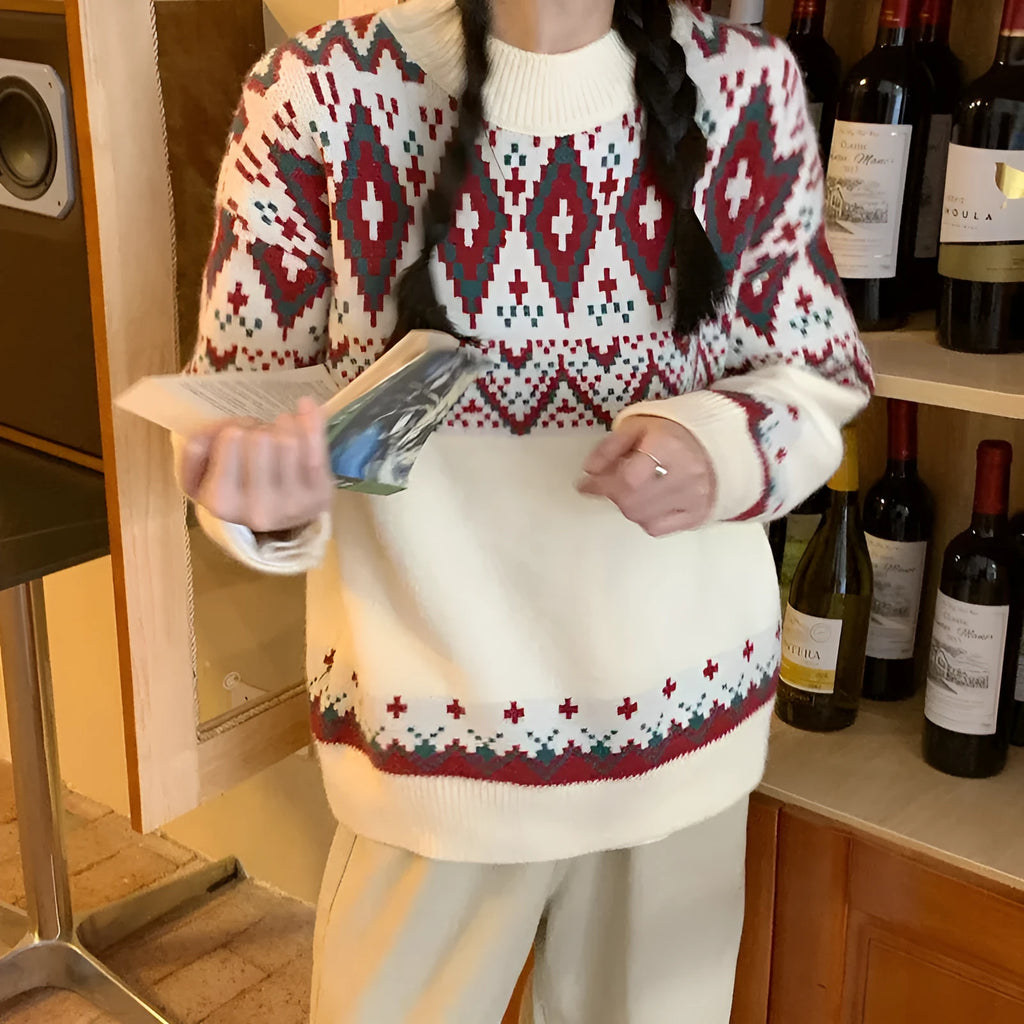 Striped retro style pullover knitted top with long sleeves in red colour