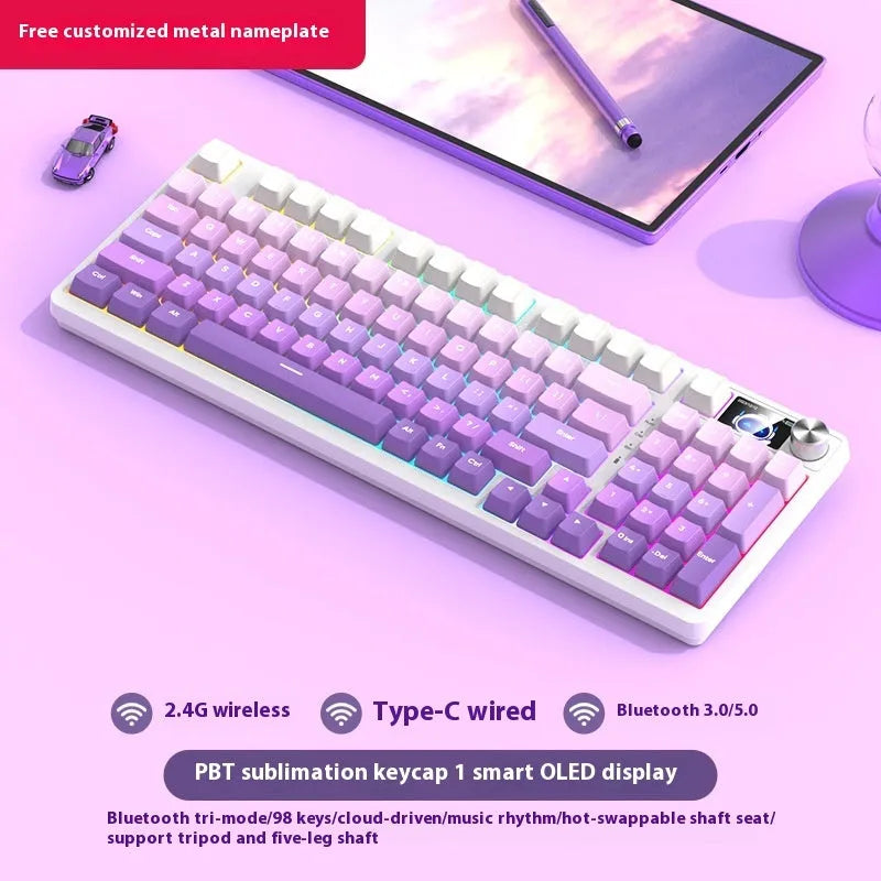 98-key wireless Bluetooth mechanical keyboard kit with metal knob and multiple colour background options
