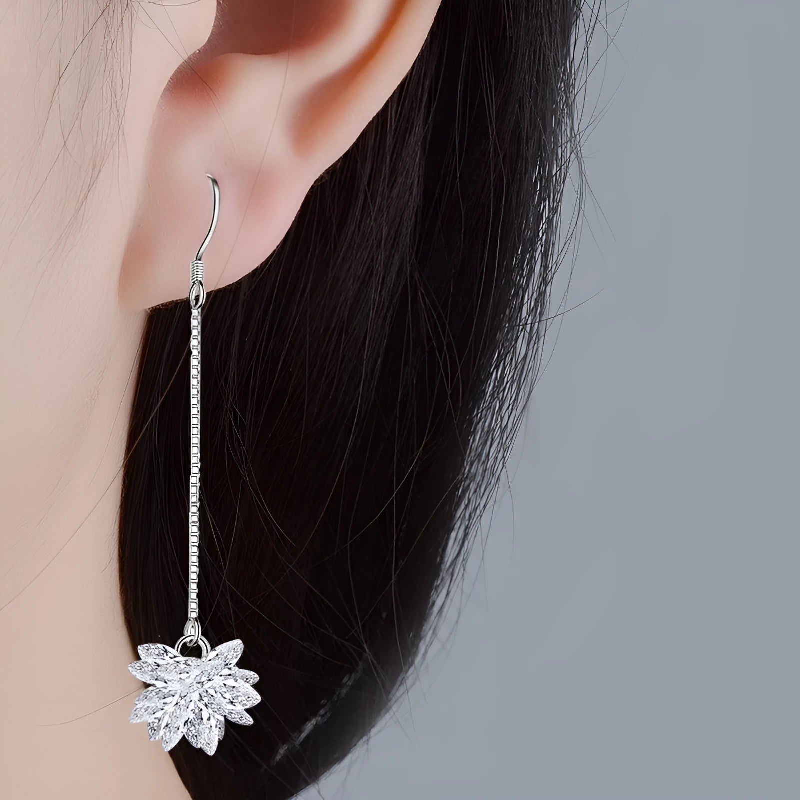 S925 sterling silver ice flower long hook earrings in platinum colour with line detailing
