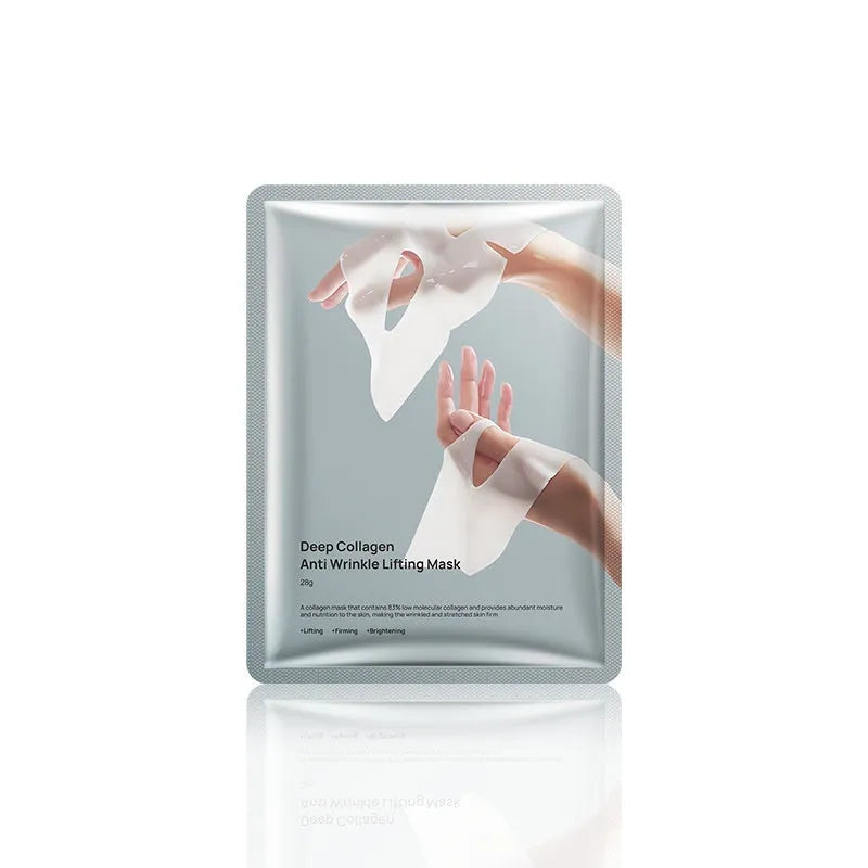 Single 28ml collagen anti-wrinkle moisturising facial sheet mask on white background.
