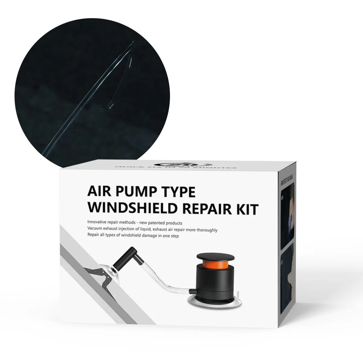 Car windscreen crack repair kit with plastic applicator and broken glass corrector for DIY windshield fixes