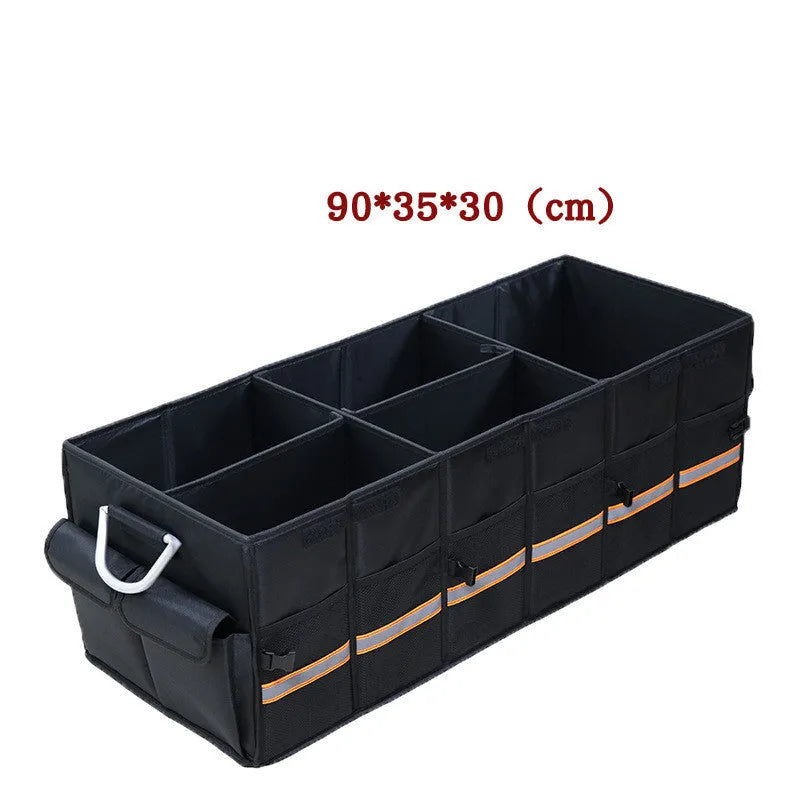 Foldable heavy-duty car trunk organizer in black with cover, 100L capacity, divided sections