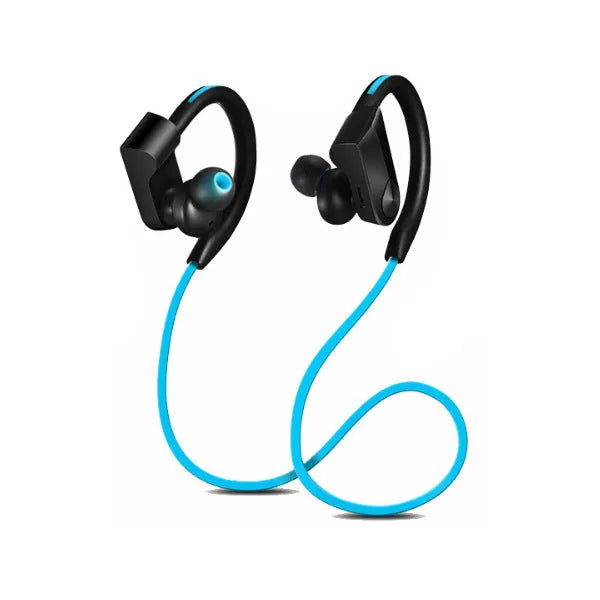 Wireless neck-mounted Bluetooth earphones in black, blue or red colours showing neckband and earpieces
