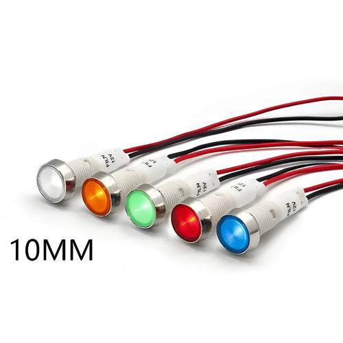 10mm stainless steel edge panel mount indicator light with wire, shown in multiple colour options.