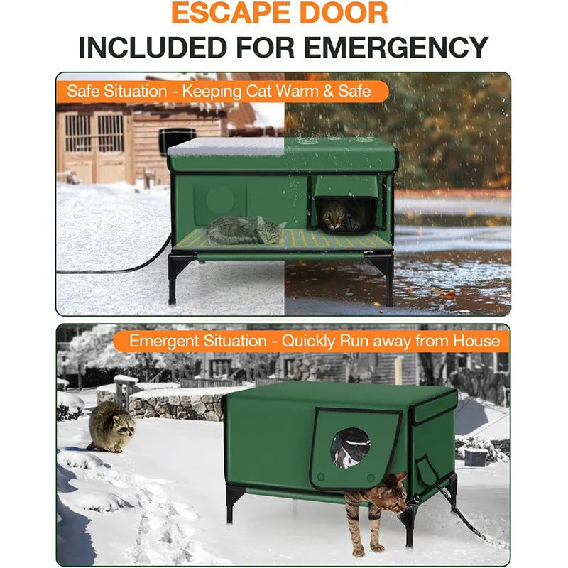 Green 900D PVC outdoor heated foldable cat house with charger for cats, sizes S M L