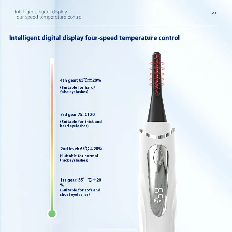 Intelligent digital display electric eyelash curler in black with tooth-comb style head, USB rechargeable