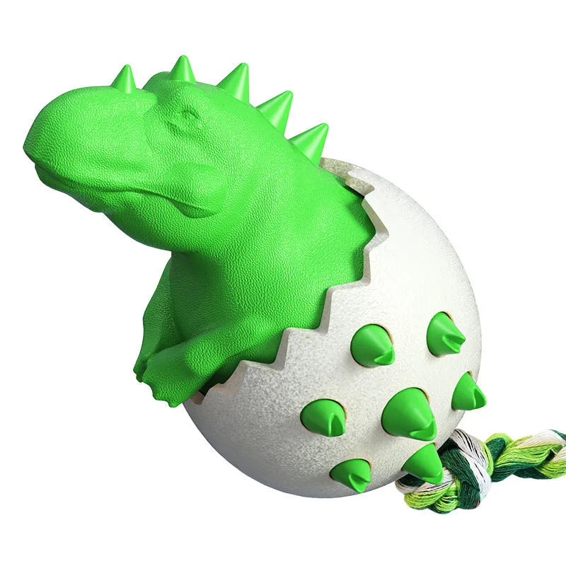 Blue dinosaur dog chew toy with rope attached, showing textured surface with dental nubs