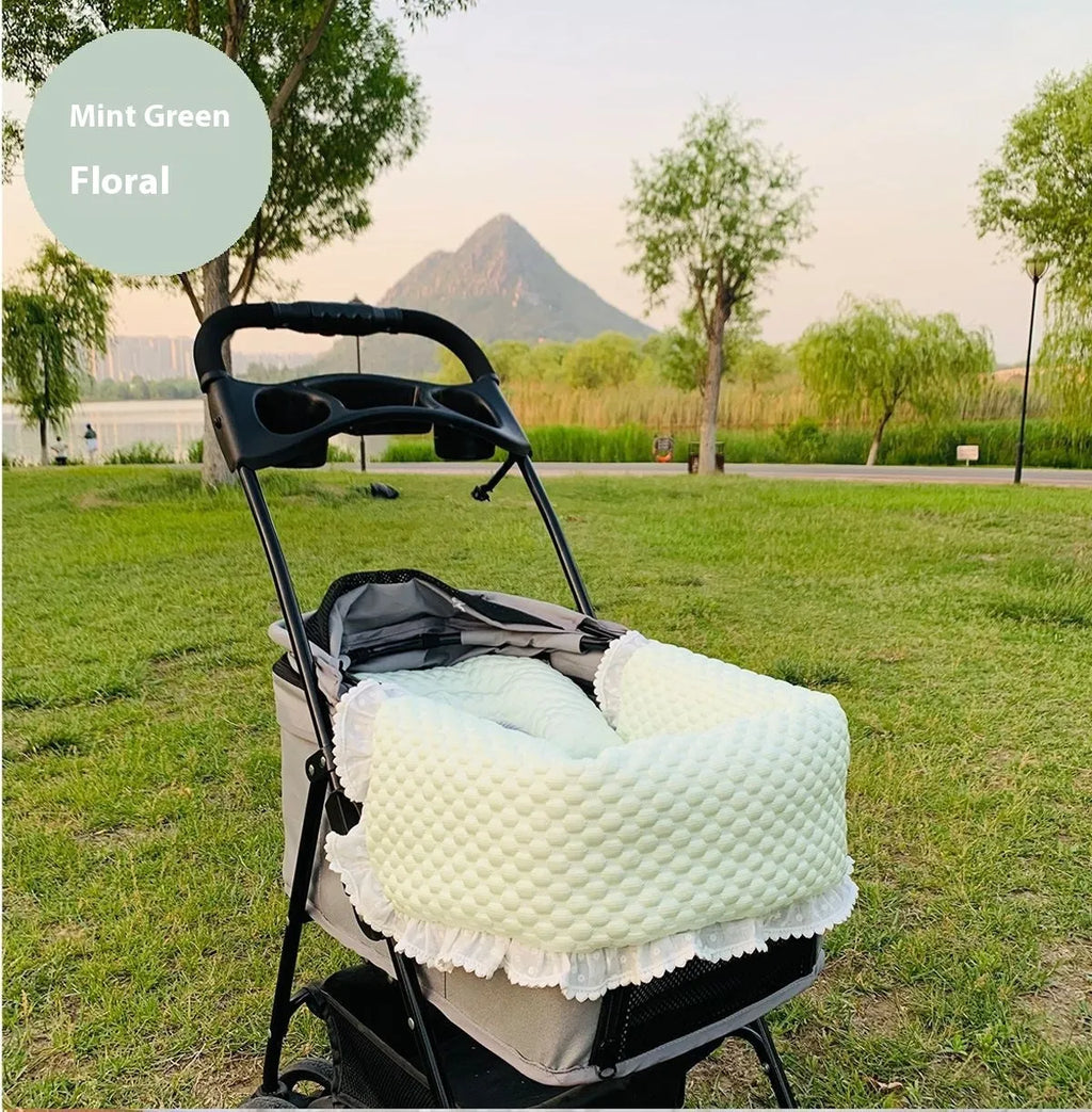 Pet stroller accessory set with cotton towel, cushion and pillow in green grey stripe pattern