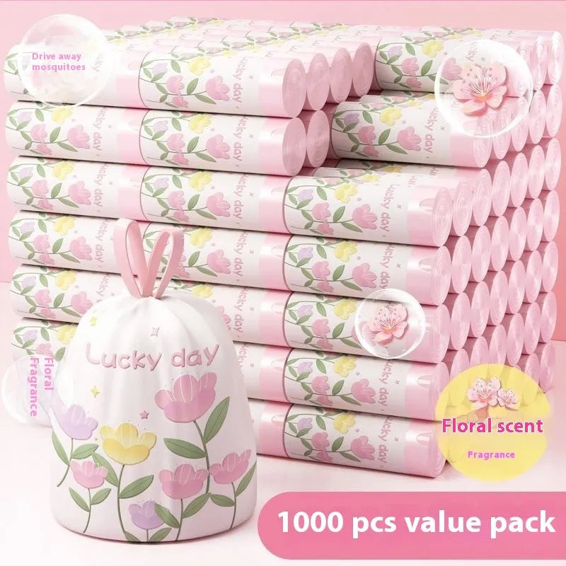 Pink drawstring garbage bags with argy wormwood for mosquito repellent, size 44cm by 48cm