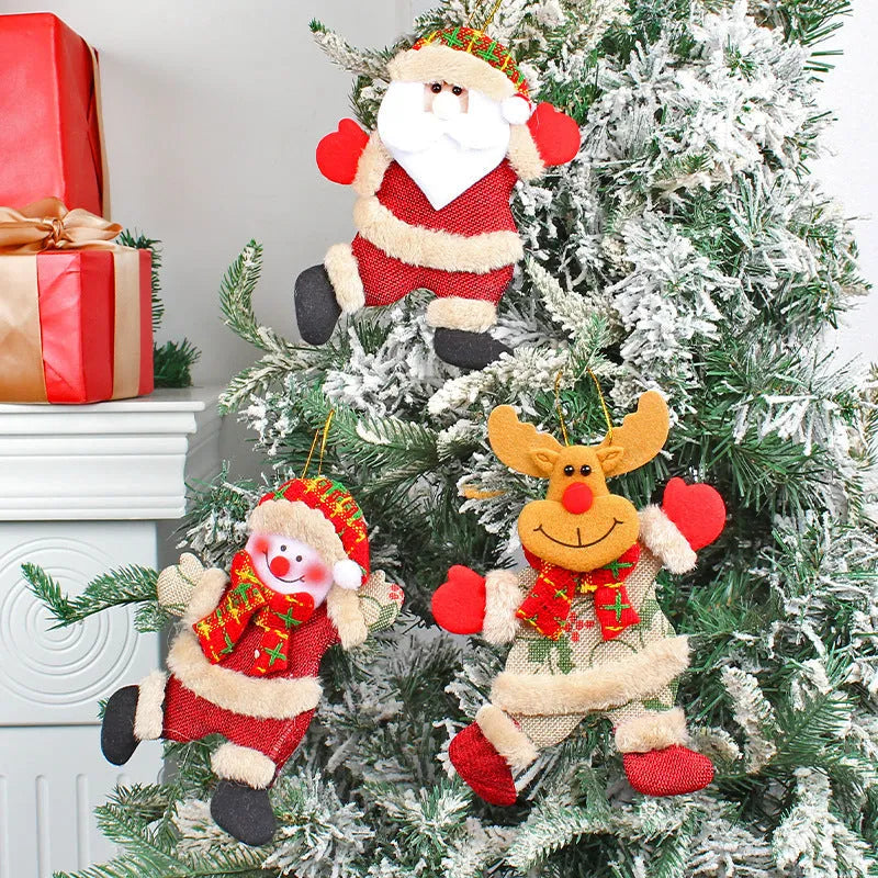 Set of 4 festive Christmas tree ornaments Santa snowman reindeer bear figures with red white scarves gold balls red bows