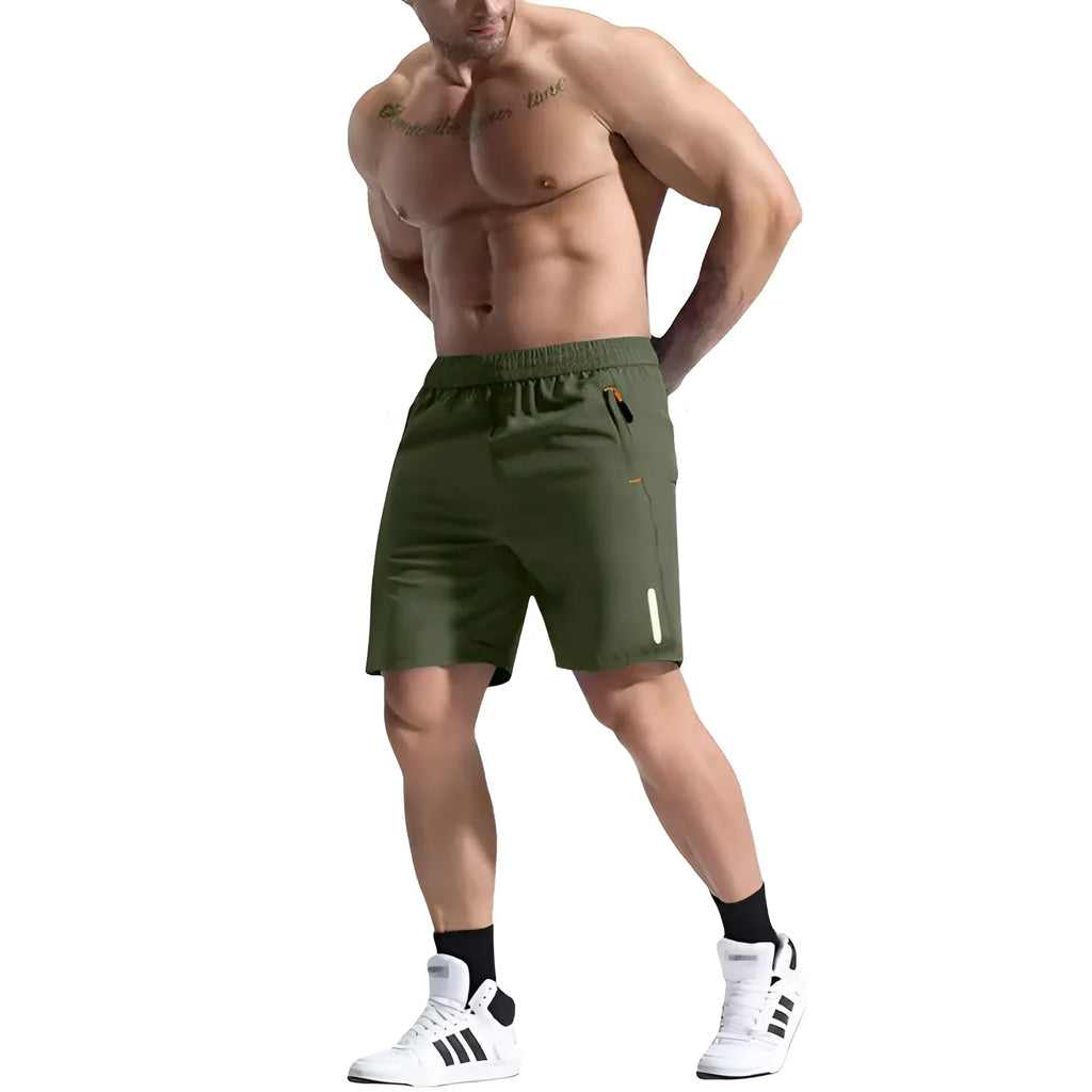 Men's grey elastic waist sports shorts made from bamboo fibre polyester fabric on a plain background.