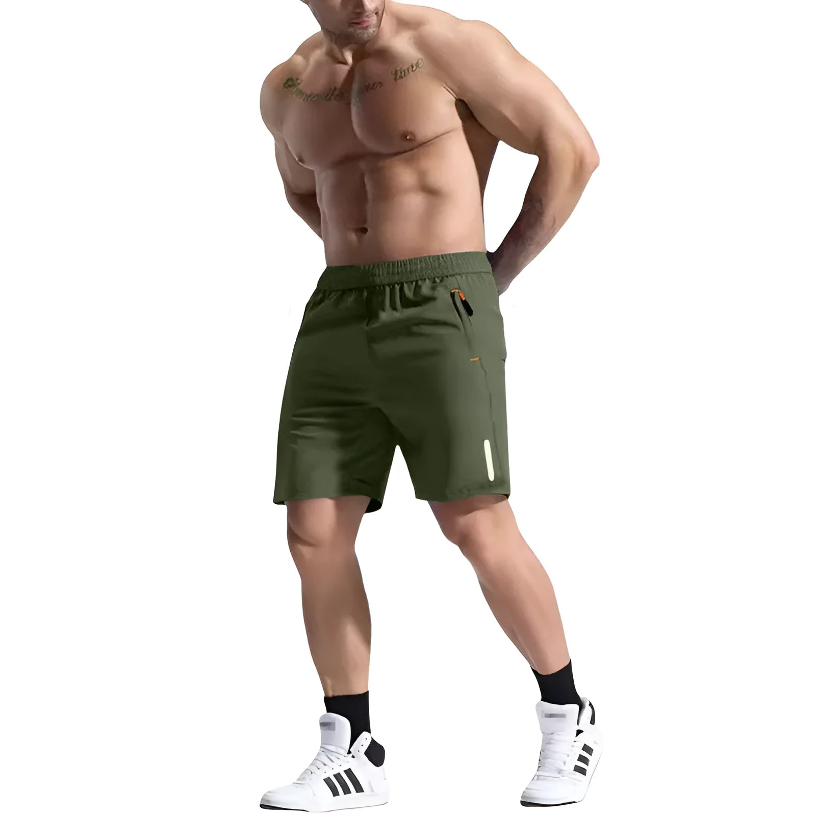 Men's grey elastic waist sports shorts made from bamboo fibre polyester fabric on a plain background.