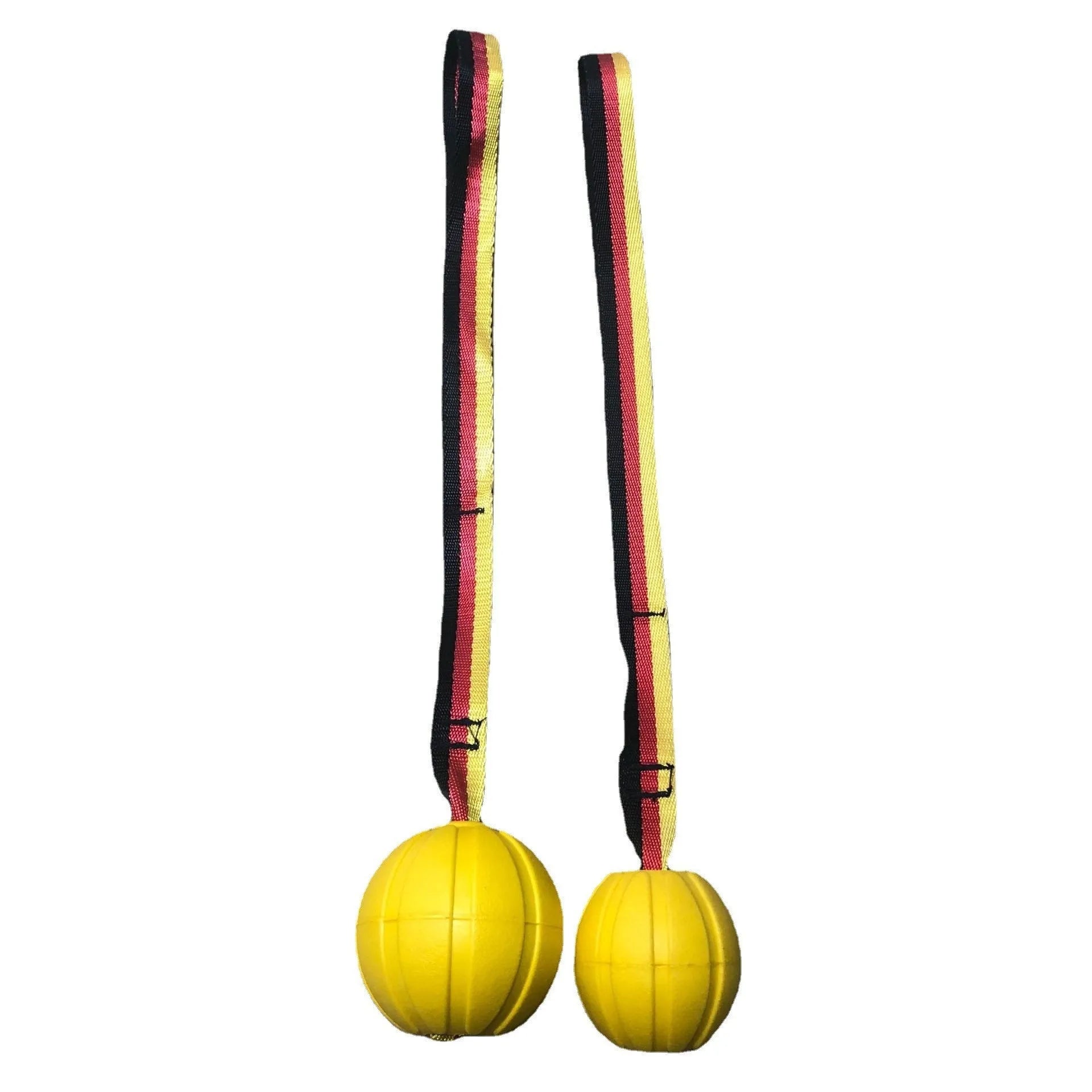 Yellow and camouflage coloured EVA floating dog balls with strings in 6.5cm, 7cm, and 9cm sizes.