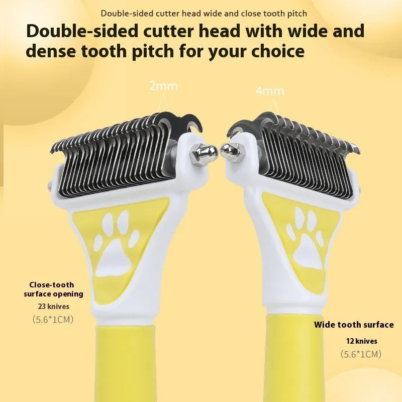 Yellow pet comb for knot untying with metal teeth and plastic handle, grooming tool for dogs and cats
