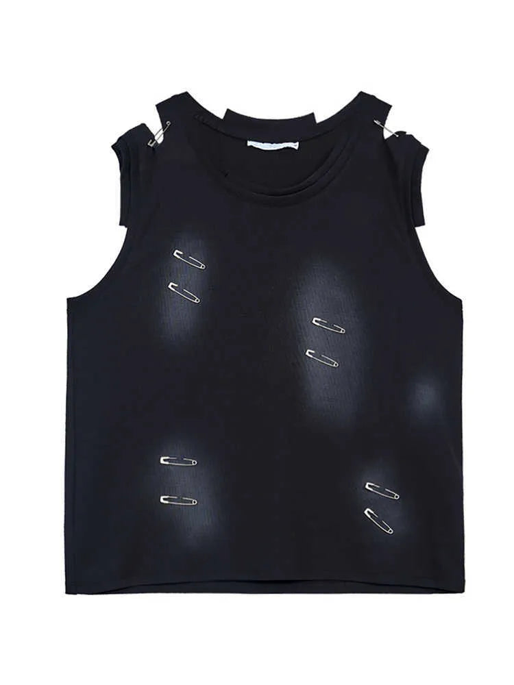Men's black sleeveless vest t-shirt with ripped irregular cutting design showing round neck collar and cotton blend fabric
