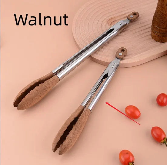 Stainless steel food tong with wood handle in walnut or acacia, 9 or 12 inch size option